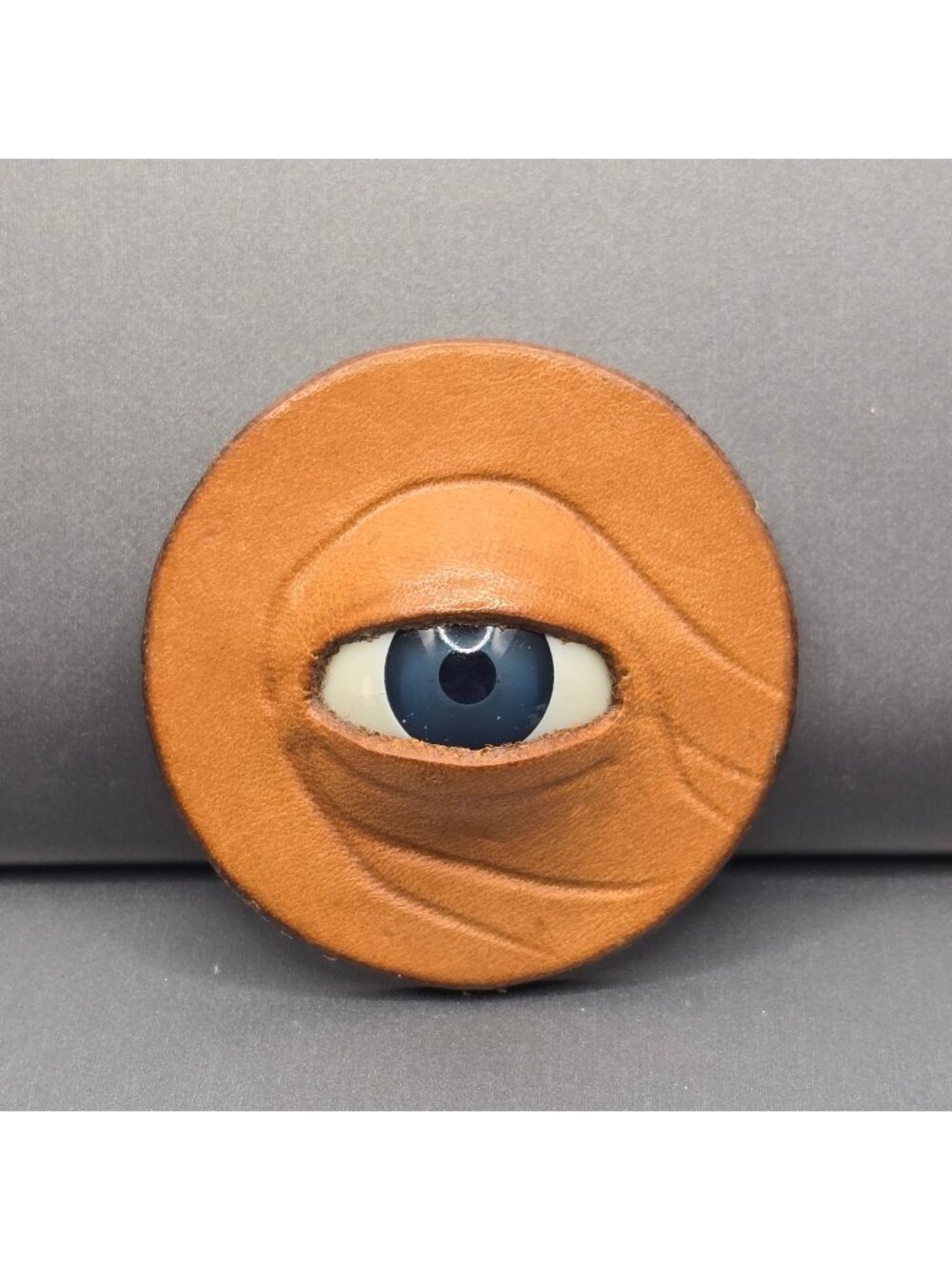 Vintage Artisan Leather Eyeball Brooch Realistic Blue Glass Eye Surrealist Pin